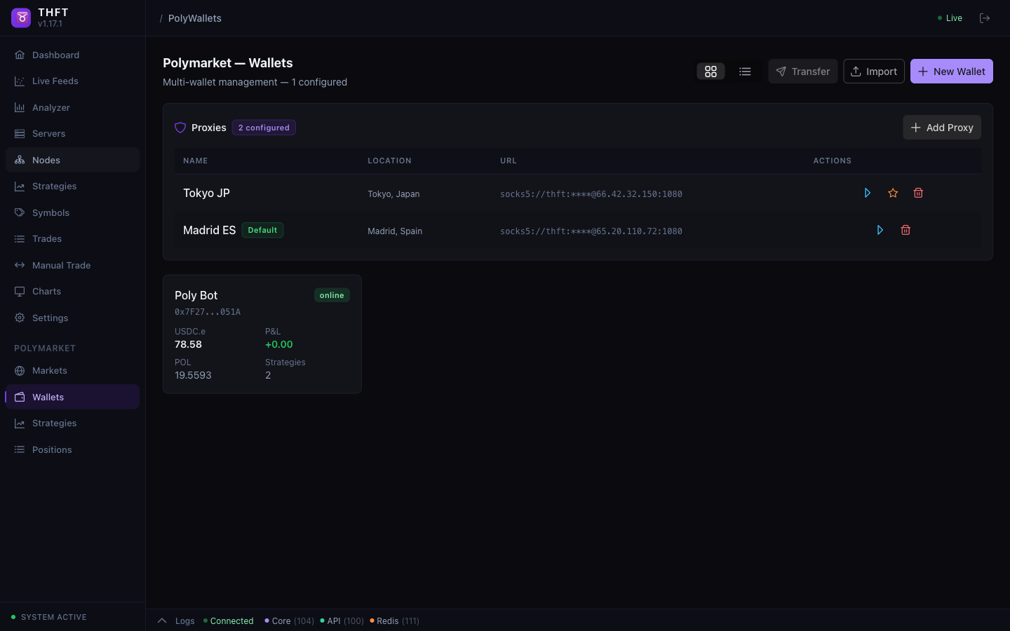 Polymarket wallet management with multi-wallet overview, proxy table, USDC.e balance and container status